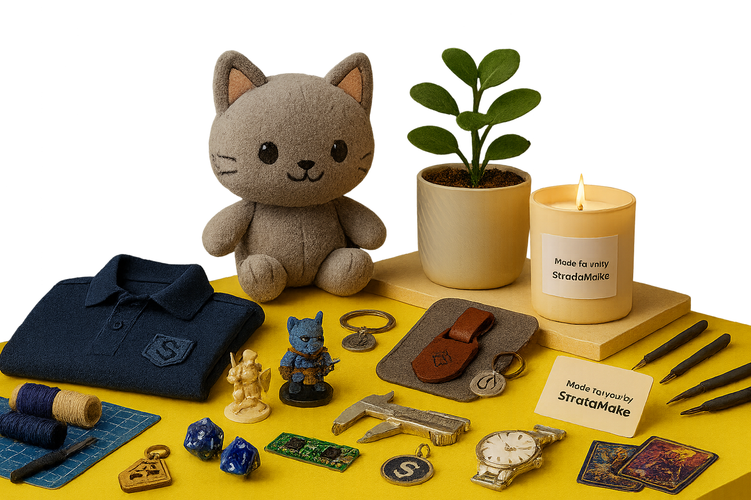 Creative workspace showing the complete StrataMake journey: 3D printer creating a wizard miniature, tablet displaying AI-generated character art and 3D models, finished plushies, miniatures, crafting tools, and jewelry pieces on a wooden desk